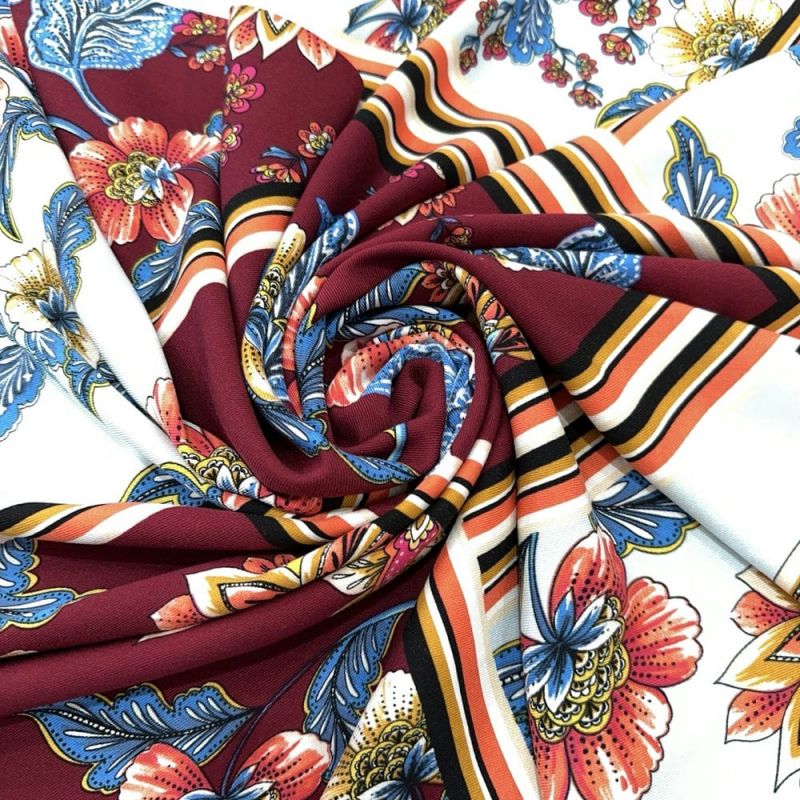 Tecido Viscose Estampada Quadros Floral Azul e Marsala • Luema Tecidos