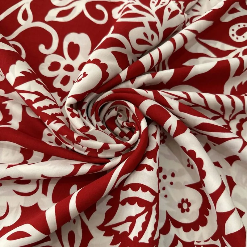 Tecido Viscose Folhagens Branco Fundo Vermelho • Luema Tecidos