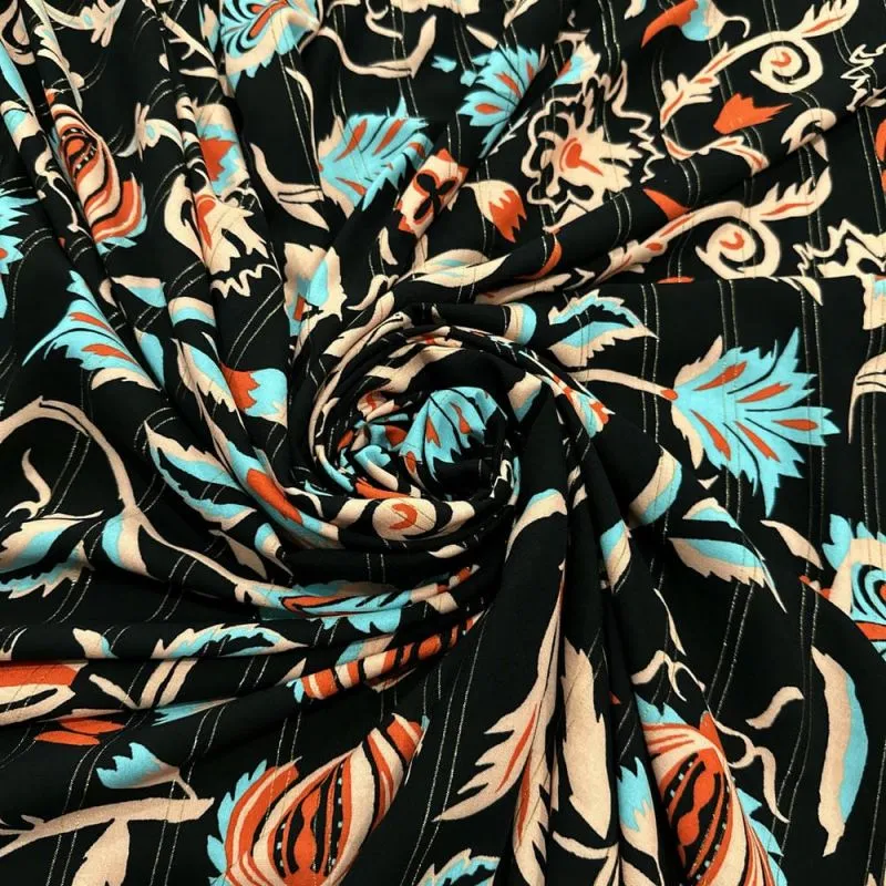 Tecido Viscose Estampada Floral Lurex Preto • Luema Tecidos