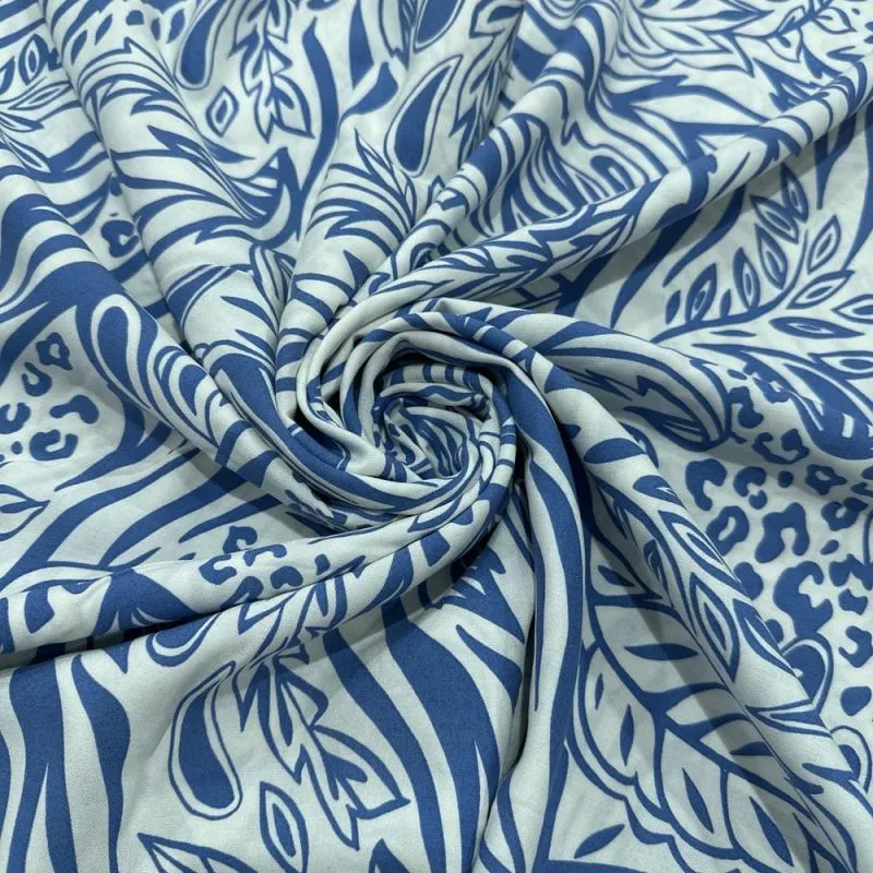 Tecido Viscose Folhagens E Animal Print Azul • Luema Tecidos