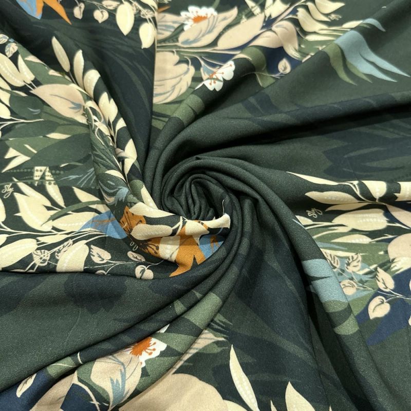 Tecido Viscose Ramos Floral Fundo Verde Musgo • Luema Tecidos