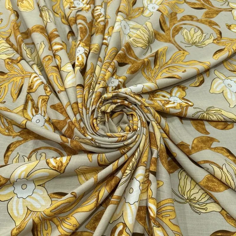 Tecido Viscolinho Estampado Floral Amarelo Fundo Bege • Luema Tecidos