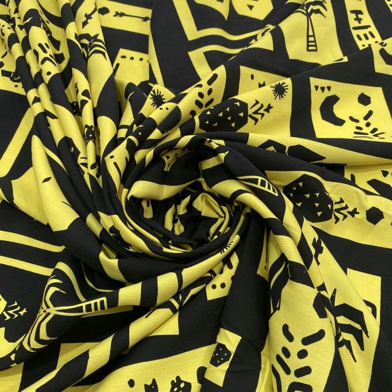 Tecido Viscolinho Estampado Quadros Preto e Amarelo • Luema Tecidos