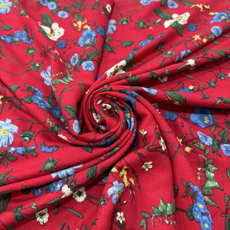 Tecido Viscose Estampada Floral Raminhos Fundo Vermelho • Luema