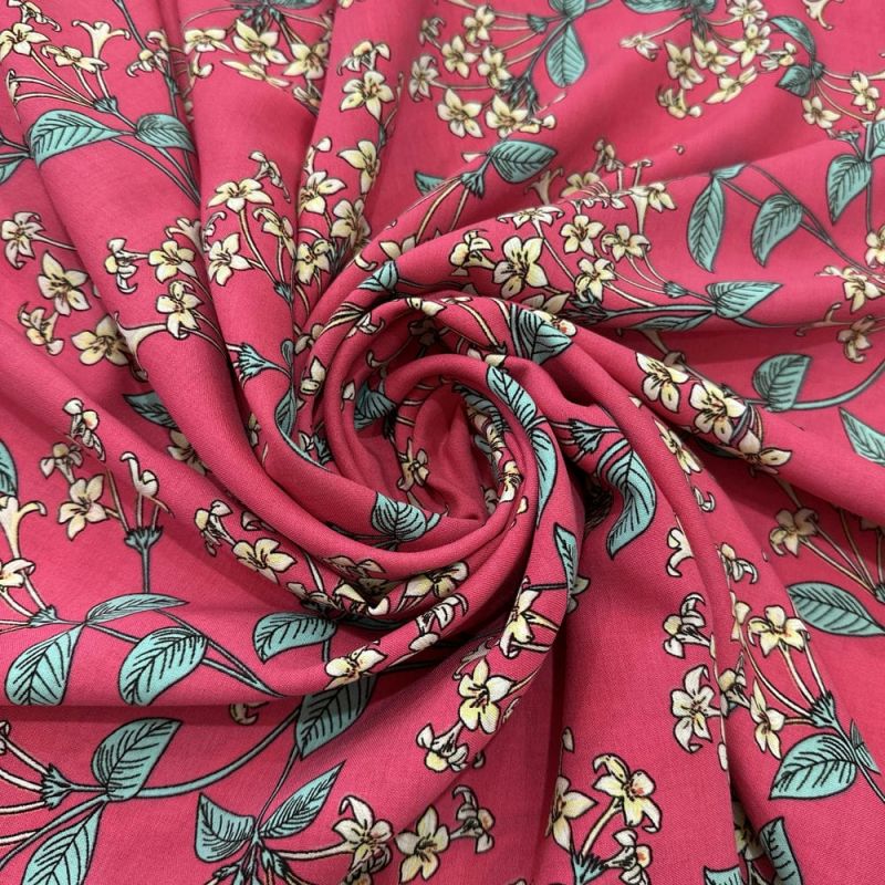 Tecido Viscose Estampada Floral Raminhos Fundo Rosa • Luema Tecidos