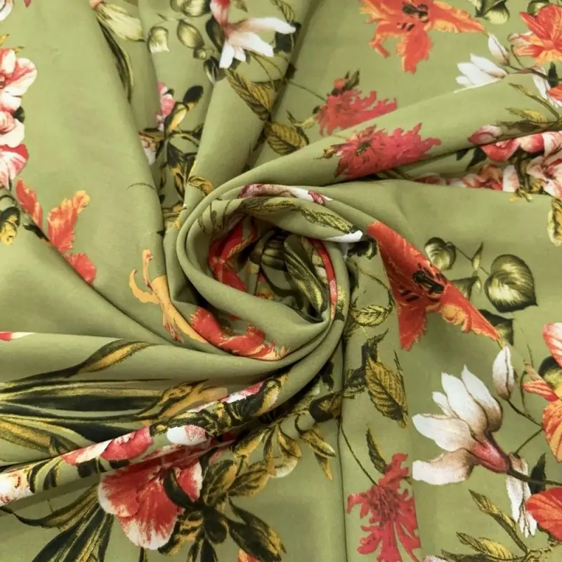 Tecido Viscose Estampada Floral Fundo Verde Oliva • Luema Tecidos