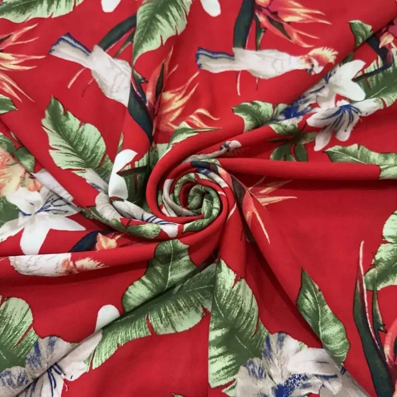 Tecido Viscose Estampada Floral e Folhagens Fundo Vermelho • Luema