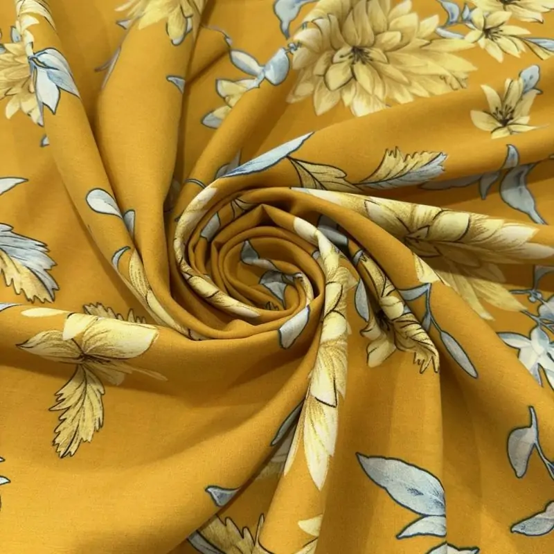 Tecido Viscose Estampada Floral Fundo Amarelo Ocre • Luema Tecidos