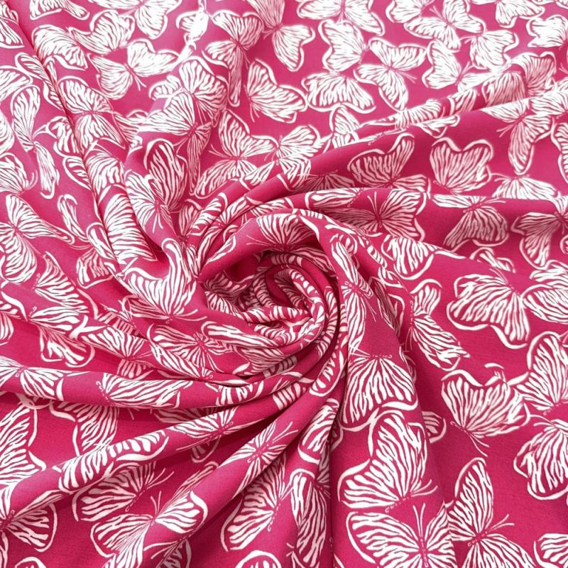 Tecido Viscose Estampada Borboletas Fundo Pink • Luema Tecidos