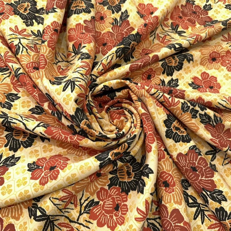 Tecido Viscose Floral e Micro Floral Marrom e Amarelo • Luema Tecidos